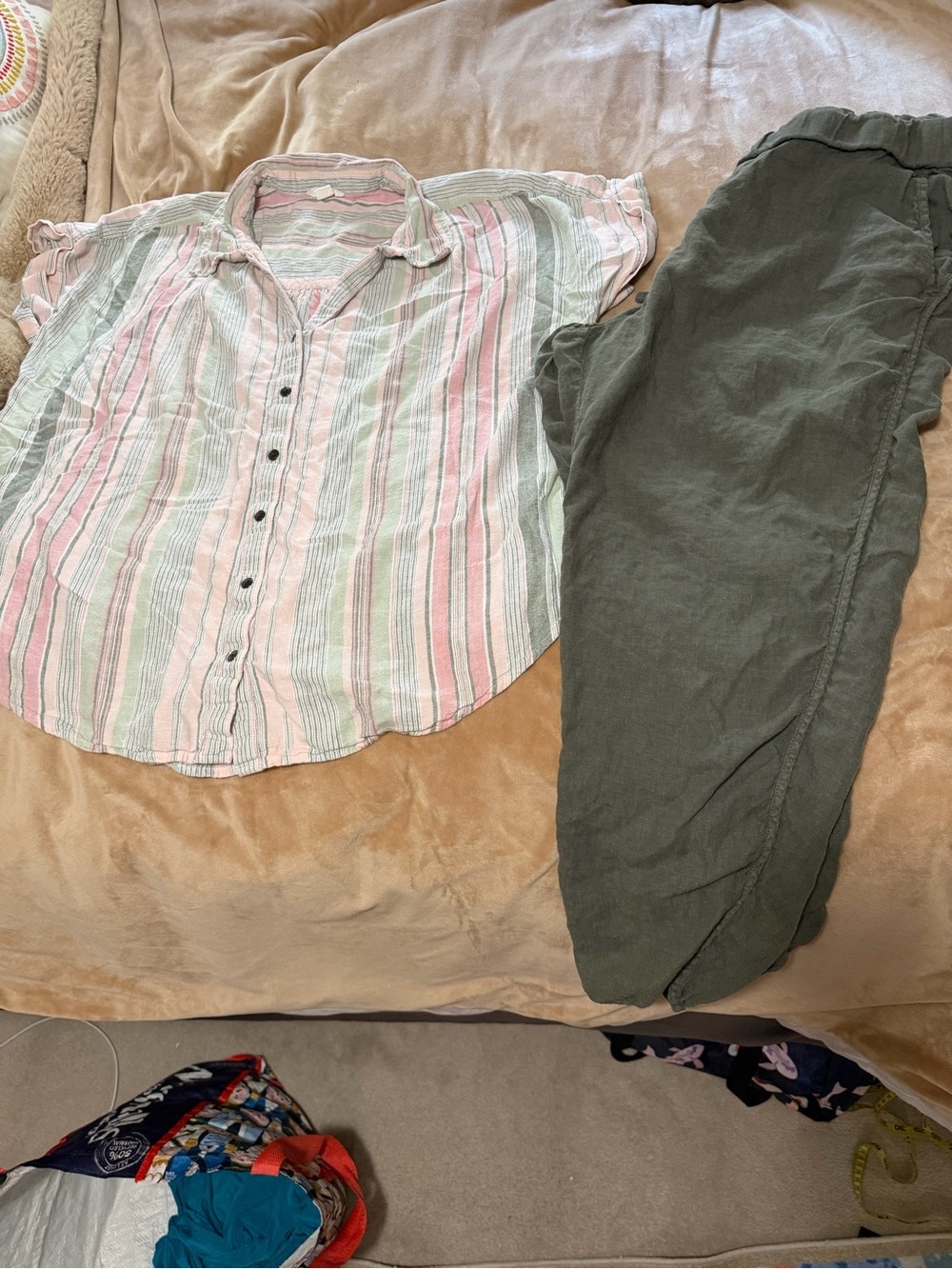 Nordstrom Calson Linen Striped Pastel Button-Up Shirt with Olive Linen Pants 1X - Picture 1 of 9